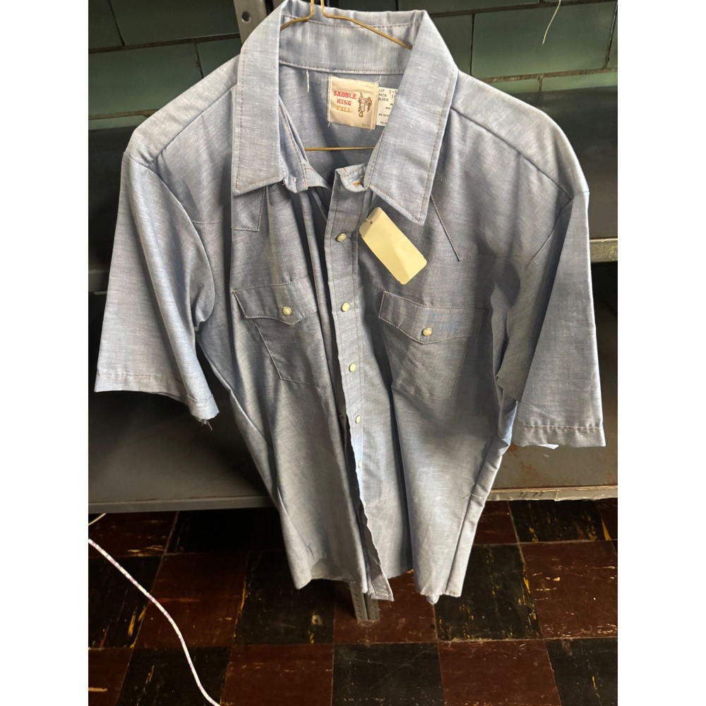 Vintage Saddle King Tall Mens Light Blue Pearl Snap Western Short Sleeve Shirt